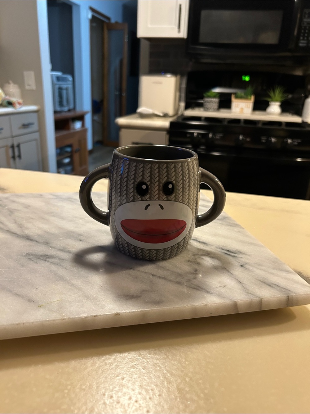 Gray Sock Monkey Double-Handled Ceramic Mug with Red Mouth Accent